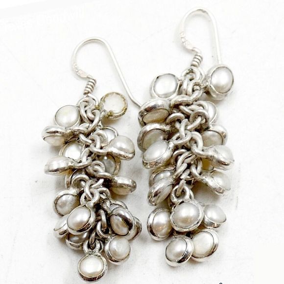 Vintage Jewelry - Vintage Sterling Silver Pearl Drop Dangle Cluster Earrings
